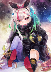Rule 34 | 1girl, :o, aqua hair, bad id, bad pixiv id, badge, bandaged leg, bandages, bandaid, bandaid on knee, bandaid on leg, black footwear, black hairband, black jacket, black scarf, boots, brown hair, buttons, commentary request, curly hair, gradient hair, green hair, hair ornament, hair ribbon, hairband, hairclip, hand in pocket, highres, ikeuchi tanuma, jacket, long hair, long sleeves, looking at viewer, multicolored hair, open mouth, original, purple thighhighs, red eyes, red hair, ribbon, scarf, sidelocks, silver hair, single thighhigh, sitting, solo, star (symbol), thighhighs, very long hair