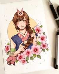 Rule 34 | 1girl, adapted costume, art tools in frame, artist name, bad id, bad twitter id, braid, brown eyes, brown hair, clivenzu, closed mouth, commentary, d.va (overwatch), english commentary, facial mark, fingernails, flower, graphite (medium), hair ornament, hair over shoulder, hanbok, hands up, highres, korean clothes, looking at viewer, mechanical pencil, mixed media, nail polish, official alternate costume, overwatch, overwatch 1, pencil, photo (medium), pink flower, pink nails, single braid, solo, traditional media, twitter username, whisker markings