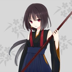 Rule 34 | 1girl, :|, bad id, bad pixiv id, bare shoulders, black hair, blue hakama, closed mouth, detached sleeves, grey background, hakama, hakama skirt, holding, holding weapon, japanese clothes, kurasawa moko, long hair, looking at viewer, looking to the side, original, polearm, red eyes, short hair with long locks, skirt, solo, tassel, weapon, wide sleeves