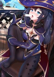 Rule 34 | 1girl, bad feet, black gloves, black hair, blue eyes, blush, breasts, capelet, eating, food, foot out of frame, fur-trimmed capelet, fur trim, genshin impact, gloves, gold trim, hat, highleg, highleg leotard, highres, holding, holding food, knee up, leotard, long hair, looking at viewer, mona (genshin impact), no shoes, open mouth, pantyhose, ponytail holder, popsicle, purple capelet, purple hat, purple leotard, sidelocks, sitting, small breasts, solo, sparkle print, sukesan, swept bangs, thighs, tongue, tongue out, twintails, witch hat