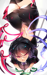 Rule 34 | 1girl, absurdres, ass, asymmetrical wings, back, backless dress, backless outfit, black dress, black hair, black thighhighs, blue wings, breasts, dress, frilled dress, frills, from behind, gluteal fold, highres, houjuu nue, large breasts, looking at viewer, nue, open mouth, pointy ears, raptor7, red eyes, red wings, short dress, short hair, short sleeves, simple background, snake, solo, thighhighs, touhou, upside-down, white background, wings
