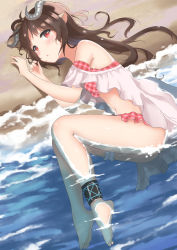 Rule 34 | 1girl, :o, animal ears, arknights, bare legs, bare shoulders, barefoot, bikini, brown hair, commentary, eyjafjalla (arknights), eyjafjalla (summer flower) (arknights), highres, horns, infection monitor (arknights), long hair, looking at viewer, navel, off-shoulder bikini, off shoulder, official alternate costume, parted lips, red eyes, sheep ears, sheep horns, short sleeves, solo, stomach, swimsuit, thighs, water, yuetsu