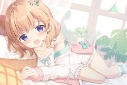 Rule 34 | 1girl, :d, bare shoulders, blush, brown hair, camisole, commentary request, dutch angle, gochuumon wa usagi desu ka?, hair ornament, highres, hoto cocoa, indoors, jewelry, long hair, long sleeves, looking at viewer, necklace, off shoulder, on bed, open mouth, pizzzica, purple eyes, smile, socks, solo, spaghetti strap, strap slip, striped clothes, striped socks, white camisole, window