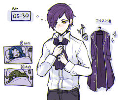 Rule 34 | 3boys, ascot, black pants, blue hair, can, chesed (project moon), coat, collared shirt, cup, green hair, library of ruina, long sleeves, looking down, mug, multiple boys, muzzle, netzach (project moon), pants, pillow, project moon, purple ascot, purple coat, purple hair, shirt, simple background, sleepy, translated, under covers, white background, white shirt, yellow eyes, yesod (project moon), yono neie