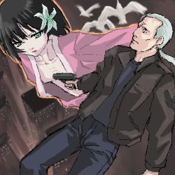 Rule 34 | 1boy, 1girl, age difference, android, aqua eyes, batou (gits), bird, black hair, building, city, denim, downblouse, dutch angle, expressionless, flat chest, flower, ghost in the shell, glowing, gun, hadaly, hair flower, hair ornament, hibiscus, holding, innocence, jacket, japanese clothes, jeans, kimono, lipstick, long hair, lowres, makeup, midriff, no bra, oekaki, open clothes, open jacket, open kimono, open robe, outdoors, pants, ponytail, robe, shimano natsume, shirt, short hair, silver hair, upper body, weapon, white eyes