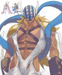 Rule 34 | 1boy, abs, adapted costume, bara, blonde hair, bulge, cowboy shot, dark-skinned male, dark skin, denisefanta, digimon, fabulous, facial hair, facing viewer, fusion, goatee, highres, hip vent, hockey mask, killer (one piece), large pectorals, light smile, long hair, male focus, mask, muscular, muscular male, o-ring, o-ring top, one piece, pectoral cleavage, pectorals, purple lips, reference inset, revealing clothes, solo, standing, trait connection, unfinished
