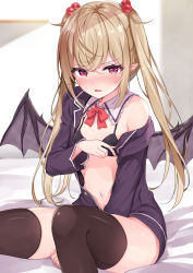 Rule 34 | 1girl, absurdres, bare shoulders, bed sheet, between legs, black bra, black jacket, black thighhighs, blush, bow, bra, breasts, brown hair, collar, commentary request, demon wings, detached collar, grey wings, hair between eyes, hair bobbles, hair ornament, hand between legs, highres, jacket, long hair, long sleeves, looking at viewer, navel, nose blush, off shoulder, open clothes, open jacket, original, parted lips, pointy ears, racchi., red bow, red eyes, sitting, small breasts, solo, thighhighs, twintails, underwear, very long hair, white collar, wing collar, wings