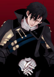 Rule 34 | 1boy, black hair, cape, fire emblem, fire emblem: three houses, gloves, hair over one eye, highres, hubert von vestra, male focus, natsukij s, nintendo, red background, solo, yellow eyes