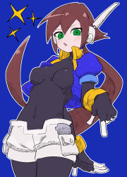 Rule 34 | 1girl, absurdres, aile (mega man zx), black bodysuit, blue background, bodysuit, breasts, brown hair, buzzlyears, covered navel, cropped jacket, green eyes, highres, jacket, long hair, looking at viewer, medium breasts, mega man (series), mega man zx, mega man zx advent, open clothes, open jacket, ponytail, robot ears, shorts, simple background, solo, white shorts