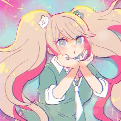 Rule 34 | 1girl, bear hair ornament, begging, blue background, breasts, commentary request, danganronpa: trigger happy havoc, danganronpa (series), enoshima junko, gradient background, grey eyes, grey shirt, hair ornament, hands on own cheeks, hands on own face, highres, long hair, looking at viewer, medium breasts, necktie, pink background, pink hair, shirt, sidelocks, solo, sparkle, sparkling eyes, swept bangs, twintails, tyokamaru, white necktie