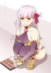 Rule 34 | 1girl, armlet, armor, bare shoulders, bikini armor, blush, bracelet, breasts, collar, crying, detached sleeves, dress, earrings, fate/grand order, fate (series), floral print, hair ribbon, high heels, jewelry, kama (fate), kama (second ascension) (fate), kujiran, large breasts, long hair, looking at viewer, metal collar, pelvic curtain, pink ribbon, purple dress, purple sleeves, purple thighhighs, red eyes, ribbon, ring, sign, silver hair, squatting, thighhighs, thighlet, thighs, translated