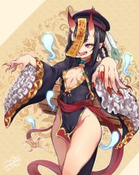 Rule 34 | 1girl, :p, absurdres, areola slip, bad id, bad pixiv id, black dress, black hair, bow, braid, braided hair rings, breasts, cameltoe, center opening, cleft of venus, covered navel, cropped jacket, dress, fate/grand order, fate (series), fingernails, french braid, frilled sleeves, frills, hair bow, hair rings, hat, hat feather, highres, hitodama, horns, huge filesize, jiangshi, long fingernails, long sleeves, medium hair, nail polish, no panties, ofuda, oni, ooyun, outstretched arms, pelvic curtain, pointy ears, purple eyes, qingdai guanmao, red horns, red nails, revealing clothes, sash, short dress, short eyebrows, shuten douji (fate), side slit, skin-covered horns, small breasts, solo, standing, tongue, tongue out, wide sleeves, zombie pose
