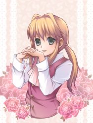 Rule 34 | androgynous, ascot, bad id, bad pixiv id, blonde hair, collared shirt, flower, gender request, grey eyes, kozato emaru, long hair, male focus, own hands clasped, own hands together, ponytail, rose, shirt, smile, solo, umineko no naku koro ni, upper body, ushiromiya lion, vest