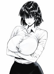 Rule 34 | 1girl, absurdres, alternate costume, black skirt, bra, bra peek, breasts, cleavage, collared shirt, cowboy shot, crossed arms, fubuki (one-punch man), greyscale, highres, large breasts, long sleeves, looking at viewer, medium hair, monochrome, mostlybluewyatt, office lady, one-punch man, parted lips, shirt, shirt tucked in, skirt, solo, tight clothes, tight shirt, underwear