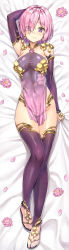 Rule 34 | 1girl, arm behind head, arm up, arm warmers, armpits, bed sheet, breasts, cleavage, closed mouth, cosplay, covered navel, dakimakura (medium), dress, earrings, eyes visible through hair, fate/grand order, fate (series), flower, full body, hair over one eye, highres, jewelry, kama (fate), kama (fate) (cosplay), kama (second ascension) (fate), koyuki (kotatsu358), looking at viewer, lying, mash kyrielight, medium breasts, on back, pelvic curtain, petals, pink flower, purple dress, purple eyes, purple hair, purple thighhighs, short hair, solo, thighhighs, thighs, toes