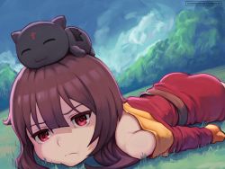 Rule 34 | 1girl, animal, animal on head, artist name, ass, bare shoulders, belt, brown belt, brown hair, cat, cat on head, chomusuke, closed mouth, commentary, day, dress, english commentary, frown, grass, jack rockhardt, kono subarashii sekai ni shukufuku wo!, long sleeves, looking at viewer, lying, megumin, on head, on stomach, outdoors, pout, red dress, red eyes, short dress, short hair with long locks, smile, solo, top-down bottom-up, watermark, web address