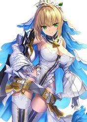 Rule 34 | 10s, 1girl, ahoge, arm at side, armpits, backlighting, bare shoulders, belt, belt skirt, blonde hair, blurry, breasts, bridal veil, chain, cleavage, closed mouth, cowboy shot, depth of field, detached collar, detached sleeves, fate/extra, fate/extra ccc, fate (series), flower, full-length zipper, garter straps, gloves, green eyes, hair between eyes, hair flower, hair intakes, hair ornament, hand on own hip, head tilt, heirou, highleg, highleg leotard, hip focus, large breasts, leaning to the side, legs together, leotard, light smile, lock, looking at viewer, nero claudius (bride) (fate), nero claudius (bride) (second ascension) (fate), nero claudius (fate), nero claudius (fate) (all), padlock, puffy detached sleeves, puffy sleeves, short hair with long locks, showgirl skirt, sideboob, sidelocks, simple background, skirt, smile, solo, standing, strapless, strapless leotard, sword, thigh gap, thighhighs, turtleneck, veil, weapon, white background, white flower, white gloves, white leotard, white skirt, white thighhighs, wide sleeves, zipper, zipper pull tab