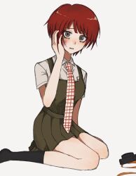 Rule 34 | 1girl, arm at side, black socks, blush, breast pocket, breasts, bruise, bruise on face, camera, collared shirt, danganronpa (series), danganronpa 2: goodbye despair, dress, dress shirt, freckles, full body, gingham necktie, green dress, green eyes, hand on own cheek, hand on own face, injury, koizumi mahiru, kun (oxx kn xxo), looking at viewer, medium breasts, necktie, on ground, parted lips, pinafore dress, pocket, raised eyebrows, red hair, red necktie, school uniform, shirt, short hair, simple background, sitting, sleeveless, sleeveless dress, socks, solo, strap, tearing up, two-tone necktie, upturned eyes, wariza, white background, white necktie, white shirt