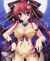 Rule 34 | 1girl, :d, absurdres, animal print, bikini, blush, bow, bracelet, breasts, cleavage, club, club (weapon), fang, female focus, front-tie top, gradient background, hair bow, highres, horns, jewelry, kanabou, large breasts, long hair, looking at viewer, mole, mole under eye, nail polish, nanaroba hana, navel, necklace, oni horns, open mouth, ponytail, red eyes, red hair, ribbon, scan, scan artifacts, side-tie bikini bottom, single hair intake, smile, solo, spiked bracelet, spikes, swimsuit, tail, tail ornament, tail ribbon, tiger print, torii, weapon