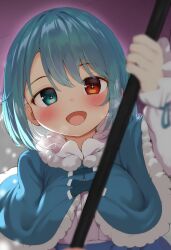 Rule 34 | 1girl, blue capelet, blue eyes, blush, capelet, commentary request, heterochromia, holding, holding umbrella, looking at viewer, open mouth, piyodesu, purple umbrella, red eyes, solo, tatara kogasa, touhou, umbrella, upper body, wild and horned hermit
