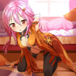 Rule 34 | 10s, 1girl, all fours, bed, black thighhighs, blush, bodysuit, breasts, buntan, center opening, cleavage, detached sleeves, guilty crown, hair ornament, hairpin, hand in own hair, midriff, open mouth, pillow, pink hair, red eyes, revealing clothes, skirt, solo, thighhighs, window, yuzuriha inori