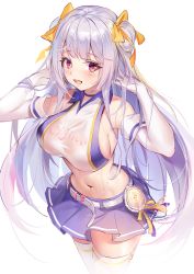 Rule 34 | 1girl, absurdres, armpits, arms up, azur lane, bare shoulders, belt, bow, breasts, cheerleader, choker, collared shirt, cowboy shot, crop top, cygnet (azur lane), cygnet (royal fanfare) (azur lane), double bun, elbow gloves, gloves, hair bow, hair bun, hair ribbon, highres, large breasts, long hair, looking at viewer, midriff, miniskirt, navel, open mouth, pdxen, pleated skirt, purple skirt, red eyes, ribbon, shirt, simple background, skirt, sleeveless, sleeveless shirt, smile, solo, sweat, thighhighs, whistle, white background, white gloves, white thighhighs, zettai ryouiki