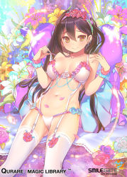 1girl black_hair bra breasts cleavage collarbone company_name copyright_name earrings female_focus flower garter_straps hair_between_eyes hair_flower hair_ornament hairband jewelry large_breasts lily_(flower) lingerie looking_at_viewer navel panties petals popqn qurare_magic_library smile solo strap_slip thighhighs underwear underwear_only watermark web_address white_bra white_panties white_thighhighs