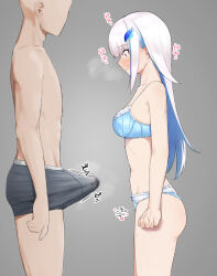 Rule 34 | 1boy, 1girl, arms at sides, blue hair, blush, breasts, bulge, erection, erection under clothes, gamarenji, lize helesta, long hair, looking at penis, medium breasts, multicolored hair, nijisanji, precum, precum through clothes, standing, underwear, underwear only, virtual youtuber, white hair