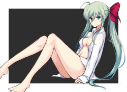 Rule 34 | 10s, 1girl, ahoge, aqua eyes, asteion, bare legs, barefoot, bow, breasts, collarbone, collared shirt, einhard stratos, green hair, hair between eyes, hair bow, heterochromia, hh libra, knees together feet apart, long hair, long sleeves, looking at viewer, lyrical nanoha, mahou shoujo lyrical nanoha, mahou shoujo lyrical nanoha vivid, medium breasts, naked shirt, navel, no bra, open clothes, open shirt, purple eyes, shirt, side ponytail, sitting, sleeves past wrists, solo, very long hair, vivid strike!, white shirt