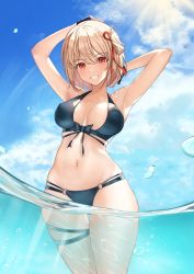 Rule 34 | 1girl, absurdres, armpits, arms behind head, arms up, bikini, black bikini, black gloves, blonde hair, blue sky, bob cut, breasts, cl44507, cloud, day, fingerless gloves, gloves, grin, highres, large breasts, looking at viewer, lycoris recoil, navel, nishikigi chisato, one side up, outdoors, red eyes, red ribbon, ribbon, short hair, sky, smile, solo, stomach, sunlight, swimsuit, teeth, thigh gap, thigh strap, thighs, wading, water, wide hips