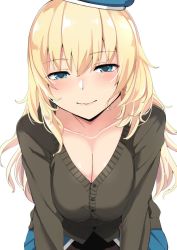 Rule 34 | 10s, 1girl, atago (kancolle), bad id, bad twitter id, beret, blonde hair, blue eyes, blush, breasts, cardigan, cleavage, collarbone, commentary request, eyebrows, gradient hair, hair between eyes, hat, kantai collection, large breasts, long hair, looking at viewer, multicolored hair, nuko (mikupantu), shiny skin, simple background, skirt, smile, solo, white background
