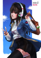 Rule 34 | 1girl, absurdres, alternate hair color, animal print, bag, beats by dr. dre, black hair, black skirt, black thighhighs, blue eyes, blue jacket, brown eyes, character name, closed mouth, cloud, d.va (overwatch), facepaint, facial mark, fashion, headphones, highres, holding, holding bag, jacket, charm (object), lips, long sleeves, monori rogue, nose, overwatch, overwatch 1, rabbit print, shirt, shoulder bag, skirt, sleeves past wrists, solo, thighhighs, turtleneck, v, whisker markings, white shirt, zettai ryouiki