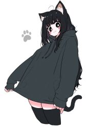 Rule 34 | ahoge, animal ears, black eyes, black hair, black hoodie, black shorts, blush, cat ears, cat girl, cat tail, clothes pull, commentary request, eyelashes, happy, highres, hood, hoodie, leaning back, long hair, looking at viewer, medium bangs, megateru, messy hair, original, oversized clothes, paw print, shorts, simple background, skindentation, sleeves past wrists, smile, tail, tareme, thighhighs, very long hair, white background