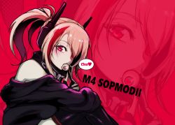 Rule 34 | bare shoulders, black jacket, black legwear, blonde hair, blush, character name, commentary request, eyeball, eyebrows, finger to mouth, girls&#039; frontline, hair over one eye, head tilt, headgear, heart, highres, in mouth, jacket, looking at viewer, m4 sopmod ii (girls&#039; frontline), mechanical hands, multicolored hair, off shoulder, pink background, pink eyes, pink hair, ponytail, red hair, ryuu tou, scarf, sidelocks, speech bubble, streaked hair, thighhighs