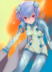 Rule 34 | 00s, 1girl, ayanami rei, blue bodysuit, blue hair, bodysuit, breasts, cleavage, covered navel, evangelion: 2.0 you can (not) advance, fuyuno haruaki, hair ornament, highres, looking at viewer, medium breasts, multicolored clothes, neon genesis evangelion, plugsuit, rebuild of evangelion, red eyes, scan, see-through, short hair, sitting, solo, test plugsuit