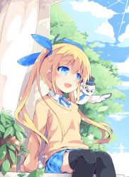Rule 34 | 1girl, absurdres, animal, animal on shoulder, bird, bird on shoulder, black thighhighs, blonde hair, blue eyes, blue sky, blush, cloud, day, fang, hair ribbon, highres, masaki (machisora), open mouth, original, outdoors, ribbon, sitting, sky, solo, sweater, thighhighs, tree, twintails, uniform