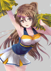 Rule 34 | 1girl, arm up, bare arms, bare shoulders, breasts, brown eyes, brown hair, cheerleader, chuunibyou demo koi ga shitai!, collarbone, commentary request, discharge view, grey background, hair between eyes, hair ornament, hairclip, highres, large breasts, long hair, looking at viewer, nibutani shinka, one side up, open mouth, pom pom (cheerleading), shirt, side ponytail, simple background, skirt, sleeveless, sleeveless shirt, solo, standing, white skirt