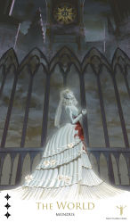Rule 34 | 1girl, blood, blood on clothes, bloodborne, breasts, colored skin, dress, english text, frozensoba, grey skin, hands up, highres, long sleeves, medium breasts, outdoors, short hair, solo, standing, tarot, tarot (medium), the world (tarot), tower, veil, white dress, yharnam phtumerian queen