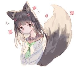 Rule 34 | 1girl, animal ear fluff, animal ears, bad id, bad twitter id, blush, brown eyes, brown hair, brown sailor collar, closed mouth, commentary request, cropped torso, flower, fox ears, fox girl, fox tail, green neckerchief, hair flower, hair ornament, highres, large tail, long hair, looking at viewer, neckerchief, original, pink flower, sailor collar, school uniform, serafuku, shirt, simple background, solo, tail, tail raised, tandohark, upper body, white background, white shirt