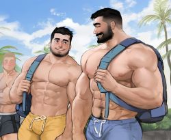 Rule 34 | 3boys, abs, adonis belt, backpack, bag, bara, bare pectorals, beard, black male swimwear, blue male swimwear, blush, bulge, chest hair, cloud, cloudy sky, couple, day, dopey (dopq), facial hair, feet out of frame, highres, large pectorals, looking at another, male focus, male swimwear, manly, mature male, multiple boys, muscular, muscular male, mustache, navel, navel hair, nipples, original, pectorals, pubic hair, short hair, sideburns, size difference, sky, stomach, swim trunks, thick eyebrows, thighs, yaoi, yellow male swimwear
