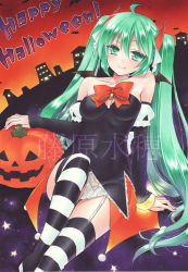 Rule 34 | 1girl, acrylic paint (medium), ahoge, bad id, bad pixiv id, fang, fang out, fujiwara minaho, garter straps, green eyes, green hair, halloween, happy halloween, hatsune miku, highres, jack-o&#039;-lantern, long hair, looking at viewer, marker (medium), matching hair/eyes, painting (medium), sitting, smile, solo, striped clothes, striped thighhighs, thighhighs, traditional media, twintails, very long hair, vocaloid