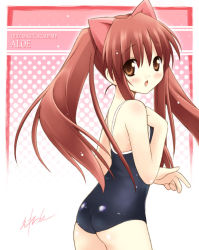 Rule 34 | 1girl, :d, aloe, aloe (quiz magic academy), animal ears, black one-piece swimsuit, blush, brown eyes, brown hair, cat ears, competition school swimsuit, eretto, hand on own chest, long hair, looking at viewer, looking back, one-piece swimsuit, open mouth, quiz magic academy, school swimsuit, smile, solo, swimsuit, twintails