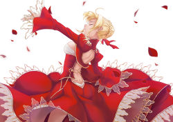 Rule 34 | 10s, 1girl, absurdres, ahoge, backless dress, backless outfit, bkko, blonde hair, braid, breasts, butt crack, cowboy shot, dress, closed eyes, fate/extra, fate (series), french braid, from side, highres, medium breasts, nero claudius (fate), nero claudius (fate) (all), nero claudius (fate/extra), out of frame, parted lips, petals, red dress, see-through, short hair, sideboob, simple background, solo, standing, white background