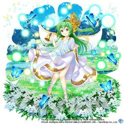 Rule 34 | 1girl, alternate costume, alternate hair length, alternate hairstyle, bell, blue sky, bug, butterfly, closed mouth, clothes lift, cloud, copyright name, copyright notice, daiyousei, daiyousei (pure white nature), dress, dress lift, fairy wings, flower, full body, game cg, grass, green eyes, green hair, hair ornament, insect, knees together feet apart, lifted by self, long hair, looking at viewer, mountain, one side up, rotte (1109), sky, smile, solo, third-party source, touhou, touhou lostword, white dress, white flower, white footwear, wings
