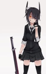 Rule 34 | 10s, 1girl, black hair, black thighhighs, blood, eyepatch, fingerless gloves, gloves, glowing, glowing eyes, headgear, itituki, kantai collection, necktie, orange eyes, personification, shaded face, short hair, skirt, sleeves rolled up, smile, solo, sword, tenryuu (kancolle), thighhighs, weapon
