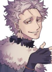 Rule 34 | 1boy, black clover, black clover: sword of the wizard king, earrings, fingerless gloves, fur trim, gloves, grey hair, highres, jester garandros, jewelry, looking at viewer, male focus, orange eyes, parted lips, runadon1146, short hair, simple background, smile, solo, white background