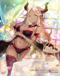 Rule 34 | 1girl, bad id, bad pixiv id, bare shoulders, black panties, black thighhighs, blurry, blurry foreground, blush, braid, breasts, brown wings, character request, cleavage, closed mouth, collarbone, covered erect nipples, curled horns, curtains, dark-skinned female, dark skin, depth of field, feathered wings, food, holding, holding spoon, holding teapot, horns, large breasts, light brown hair, long hair, looking at viewer, lost crusade, macaron, navel, one eye closed, panties, parted bangs, petals, sandwich, shinia, skindentation, solo, sparkle, spoon, stained glass, sweets, table, teapot, thighhighs, tiered tray, underwear, very long hair, watermark, wings