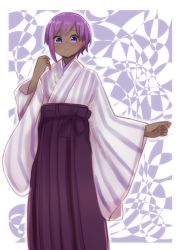 Rule 34 | 1girl, blush, bow, closed mouth, dark-skinned female, dark skin, fate/prototype, fate/prototype: fragments of blue and silver, fate (series), female focus, hakama, hakama skirt, hassan of serenity (fate), highres, i.u.y, japanese clothes, kimono, long sleeves, looking at viewer, purple bow, purple eyes, purple hair, purple hakama, sidelocks, skirt, smile, solo, striped clothes, striped kimono, vertical-striped clothes, vertical-striped kimono, wide sleeves