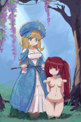 Rule 34 | 2girls, absurdres, ahoge, alternate costume, blonde hair, blue eyes, blush, breasts, brown eyes, brown hair, cleavage, dress, frilled dress, frills, grin, hanazono yurine, hat, highres, jashin-chan, jashin-chan dropkick, kneeling, lamia, large breasts, long hair, looking at another, looking at viewer, monster girl, multiple girls, navel, nipples, nude, outdoors, paw pose, riding crop, small breasts, smile, twintails