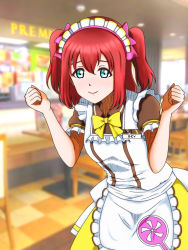 Rule 34 | 1girl, apron, aqua eyes, artist name, artist request, blurry, blurry background, blush, bow, bowtie, breasts, brown shirt, chair, clenched hand, clenched hands, female focus, frilled apron, frilled shirt collar, frills, green eyes, hair between eyes, hair bow, hairband, hibikorekouniti, highres, indoors, kurosawa ruby, looking at viewer, love live!, love live! sunshine!!, miniskirt, parted lips, pink bow, plaid, plaid skirt, pleated, pleated skirt, puffy short sleeves, puffy sleeves, red hair, restaurant, shirt, short hair, short sleeves, skirt, small breasts, smile, solo, waitress, white apron, white hairband, yellow bow, yellow skirt